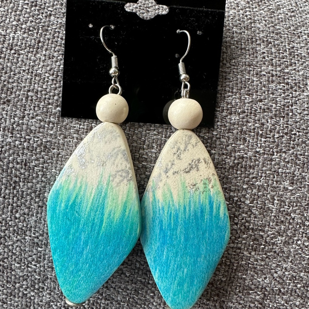 Turquoise and Cream Wooden Earrings